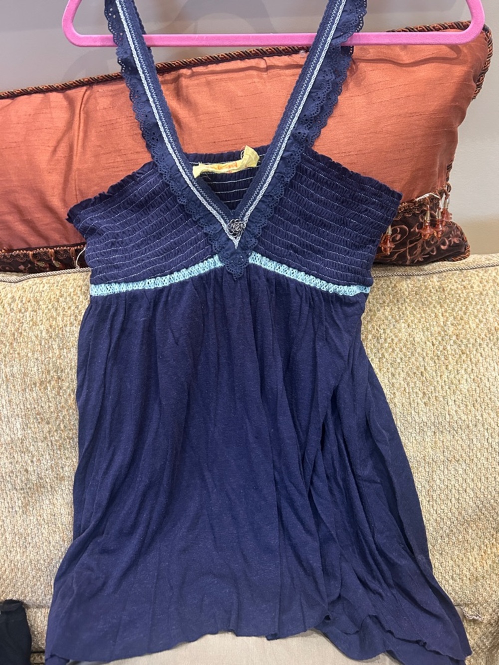 Free People Navy Blue V-Neck Crochet-Trim Flowy Babydoll Top-M